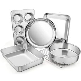 Toaster Oven Bakeware Set, E-far 6-Piece Stainless Steel Small Baking Pan Set, Include Cake Brownie Pan/Cookie Sheet with Rack/Muffin Tin/Pizza Pan, Non-Toxic & Healthy, Easy Clean & Dishwasher Safe