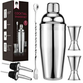 RUIYIQI 25 oz Cocktail Shaker 18/8 Stainless Steel Martini Bartender Shaker Drink Shaker Mixer Bar Set with 2 Double Measuring Jiggers, Mixing Spoon and 2 Liquor Pourers