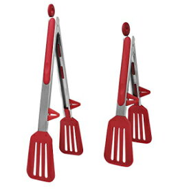 uxcell Kitchen Tong Set for Cooking Silicone Stainless Steel Tongs with Stands Toaster Serving Non-stick Locking Tong Burgundy 2Pcs
