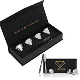 Barluxia Stainless Steel Ice Cube Gift Set of 4 Extra Large 1.5” Diamond Reusable Metal Ice Cubes & Ice Tongs - Whiskey Rocks/Chilling Stones for Wine, Whiskey, Cocktails or any Drinks