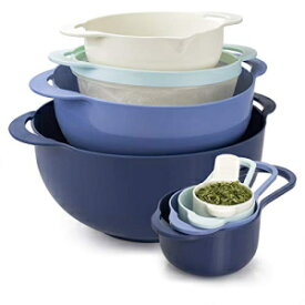 COOK WITH COLOR 8 Piece Nesting Bowls with Measuring Cups Colander and Sifter Set -Includes 2 Mixing Bowls, 1 Colander, 1 Sifter and 4 Measuring Cups, Blue