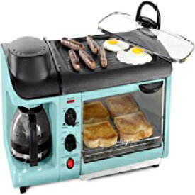 Aqua, Nostalgia Retro 3-in-1 Family Size Electric Breakfast Station, Coffeemaker, Griddle, Toaster Oven, Aqua