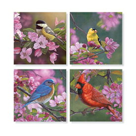 カーソンホームアクセントによって設定された4つの「ピンクの花の混合鳥」スクエアストーンコースターのセット Set of 4 "Mixed Birds on Pink Flowers" Square Stone Coaster Set by Carson Home Accents