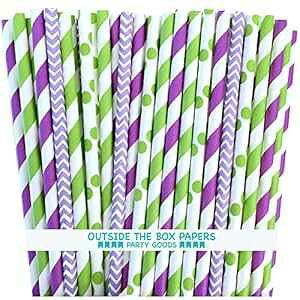 Outside the Box Papers Tinkerbell Theme Chevron,Polka Dot and Stripe Paper Straws 7.75 Inches 100 Pack Lime Green, Purple, Lilac, White