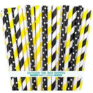 Outside the Box Papers Bee e[} XgCvƃ|Jhbg Xg[ 7.75 C` 100 pbN ubNACG[AzCg Outside the Box Papers Bee Theme Striped and Polka Dot Paper Straws 7.75 Inches 100 Pack Black