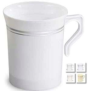  OCCASIONS  40 Mugs Pack, Heavyweight Disposable Wedding Party Plastic 8 oz Coffee Mugs/Tea Cups/Cappuccino Cups/Espresso Cup with Handles (8 oz Coffee White/Silver Rim) OCCASIONS FINEST PLASTIC TABLEWARE  OCCASIONS