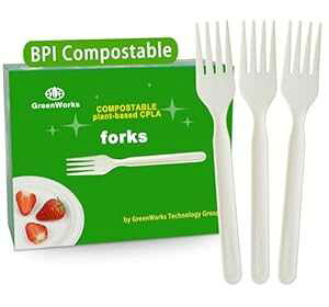 GreenWorks 200 �J�E���g �w�r�[�f���[�e�B�[�͔쉻�\�t�H�[�N�ABPI �F���^�g���̂ăJ�g�����[�H��p��t�H�[�N GreenWorks 200 Count Heavy-duty Compostable Forks, BPI Certified Large Disposable Cutlery Flatware Uten
