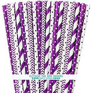 Purple Paper Straws - Stripe Chevron Polka Dot - 7.75 Inches - 100 Pack - Outside the Box Papers Brand