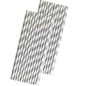 XgCvy[p[Xg[ - Vo[zCg - NX}XLOTvC - 7.75C` - 50pbN - Oy[p[uh Striped Paper Straws - Silver White - Christmas Wedding Anniversary Supply - 7.75