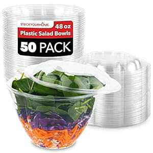 Stock Your Home 48oz Clear Plastic Salad Bowls with Lids Disposable (50 Pack) Large Takeout Container with Snap on Lid for Fruit Salads, Quinoa, Lunch and Meal Prep, Acai Bowl, To-Go Party Containers