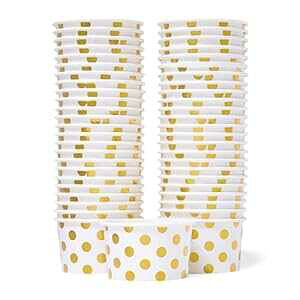 MATICAN Paper Ice Cream Cups - 50-Count 5.5-Oz Disposable Dessert Bowls for Hot or Cold Food, 5.5-Ounce Party Supplies Treat Cups for Sundae, Frozen Yogurt, Soup, Gold Foil Polka Dots