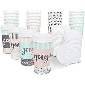 Wtĝ16IXR[q[Jbv48pbNAYayfUC4lߍ킹 BLUE PANDA 48 Pack Disposable 16oz Coffee Cups with Lids, 4 Assorted Yay Designs