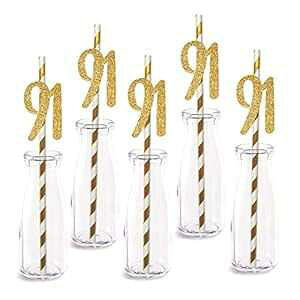 91΂̒aXg[AAS[hOb^[JbgAEgnbs[91Np[eB[Xg[24{pbN MAGJUCHE 91st Birthday Paper Straw Decor, 24-Pack Real Gold Glitter Cut-Out Numbers Happy 