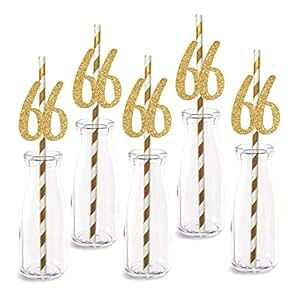 MAGJUCHE 66th Birthday Paper Straw Decor, 24-Pack Real Gold Glitter Cut-Out Numbers Happy 66 Years Party Decorative Straws