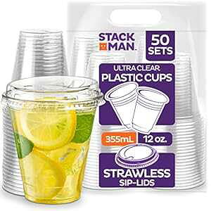 12 oz Clear Plastic Cups with Strawless Sip-Lids [50 Sets] PET Crystal Clear Disposable 16oz Plastic Cups with Lids - Crystal Clear, Durable Cup - BPA Free + Crack Resistant, for Coffee, Juice, Shakes Stack Man 12
