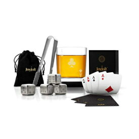 JoyJoltポーカーウイスキーグラスセット-エースオブクラブセミスクエアロックスグラスタンブラー、4xダイスウイスキース​​トーン、ダイスバッグ、トランプデッキ、再利用可能なアイスキューブ用のミニトング。男性のためのクールなウイスキーギフト JoyJolt Poker Whisk