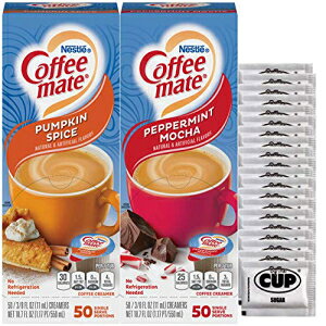 Coffee mate Liquid Single Serve Creamer Holiday Variety Pack - 50 Count Box Peppermint Mocha & 50 Count Box Pumpkin Spice (Pack of 2) - with By The Cup Sugar Packets