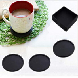 YYGMSS 4Pcs Round Silicone Coasters with Holder Dining Plastic Black Coasters for Drink Living Room Office
