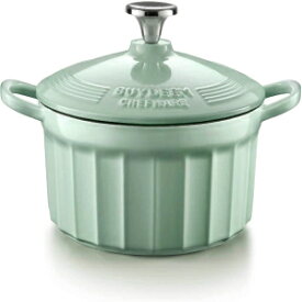 3 quarts, Cozy Greenish, BUYDEEM CP521 Enameled Cast Iron Dutch Oven, Stylish Cupcake Design with 18/8 Stainless Steel Knob & Loop Handles, Perfect for Stewing, Roasting, Baking, 3 Quart, Cozy Greenish