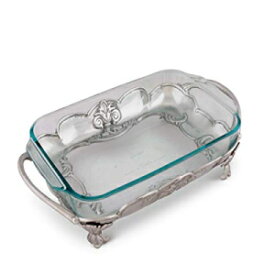 Arthur Court Metal Pyrex Glass Casserole Dish Holder Fleur-De-Lis Pattern Sand Casted in Aluminum with Artisan Quality Hand Polished Design Tarnish-Free 17 inch Long 3 Qt Removable Dish Included