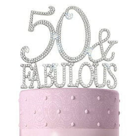 FAJ 50&Fabulous - Silver Metal Cake Topper Birthday, Anniversary Cake Decorations for Women- Sparkly Number Fifty Party Supplies – 50th Premium Quality Handmade with Rhinestones