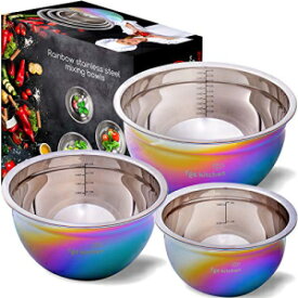 FGSキッチンレインボーミキシングボウル– 3つのカラフルなネスティングステンレススチールミキシングボウルのセット–調理、ベーキング、サービング用のプレミアムマルチカラーメタルミキシングボウルセット FGS Kitchen Rainbow Mixing Bowls – Set of 3 Color