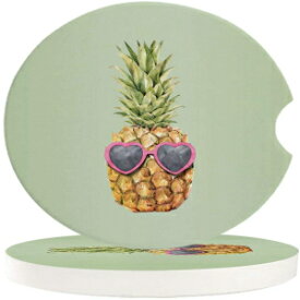 FunDecorArt 2-Piece Set, Car Coasters for Drinks Set of 2 | Pineapple with Pink Heart Sunglasses | Perfect Car Accessories with Absorbent Coasters, 2.56 inches Auto Cupholder Coaster