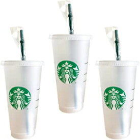 スターバックスの再利用可能な3つの硬質プラスチック製ベンティ24オンスのフロストアイスコールドドリンクカップ、蓋付き、ストッパー付きグリーンストロー Starbucks Reusable 3 Hard Plastic Venti 24 oz Frosted Ice Cold Drink Cup With Lid and Green