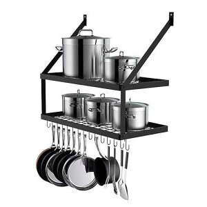 Miyili Ǌ||bgbN 2i15tbNt Lb`I ݂艺[I[KiCU[ 29.5×13.7C` (ubN) KR300B2 Miyili Wall Mounted Pot Rack with 2-Tier 15 Hooks, Kitchen Shelves Cookware Hanging Stor