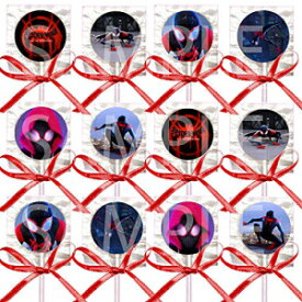 スパイダーマン ロリポップ スパイダーバース映画に登場 サッカーパーティー記念品 - サプライデコレーション レッドリボンリボン付き パーティー記念品 - 12個 Spiderman Lollipops into the Spider-Verse Movie Suckers Party Favors - Supplies Deco
