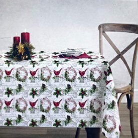 ENVOGUEホリデーコレクションコットン生地クリスマステーブルクロスホリーパインバフコーンベリーリースカーディナルズバードパターンフレンチスタンプパリスクリプト60インチx102インチ ENVOGUE Holiday Collection Cotton Fabric Christmas Tablecloth Holly Pine