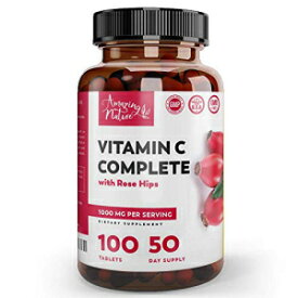 AMAZING NATURE Pure Vitamin C with Rose Hips 1000mg & Citrus Bioflavonoids for Advance Immune System Booster, Collagen Production & Antioxidant Supplement– 100 Non GMO Vitamina C Tablets 500mg