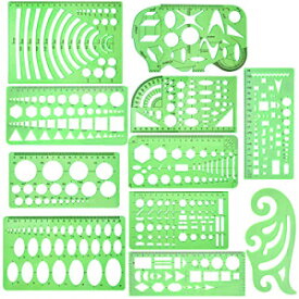 11 ピース幾何学描画テンプレート測定定規、透明な緑色のプラスチック定規、ポータブルビニール袋付き、勉強、デザイン、建築用 11 Piece Geometric Drawing Template Measuring Ruler, Transparent Green Plastic Ruler with Portable Plastic Bag for,