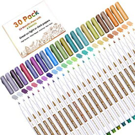 メタリックマーカーペン 30本パック リノン 24色 ファインチップペイントペン ステンシル6本付き DIY クラフト フォトアルバム ロックアート 絵画 カード作成 ガラス 木材用 30 Pack Metallic Marker Pens, Lineon 24 Colors Fine Tip t Pens wit