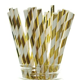 金箔ストライプストロー (25 パック) - メタリックゴールドストライプストロー、紙ストロー、ゴールデンアニバーサリー、ホリデーパーティー用品 Gold Foil Stripe Straws (25 Pack) - Metallic Gold Stripe Straws, Paper Drinking Straws, Golden