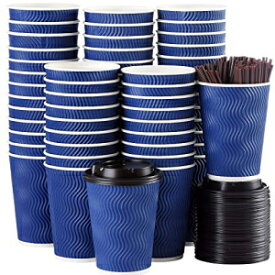 蓋とストロー付き使い捨てコーヒーカップ - 16 オンス (90 セット) トーゴ ホット紙コーヒーカップ 蓋付き 温かい/冷たい飲み物に最適 エスプレッソ ティー 断熱 再利用可能な冷たい飲み物 リップルカップ 指を保護します。 Disposable Coffee Cups wit