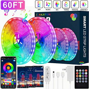 AILBTON Led Strip Lights,60ft Music Sync Color Changing, Built-in  Mic,Bluetooth App Control LED Tape Lights with Remote,5050 RGB Rope Light  Strips