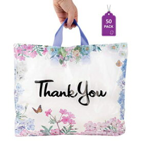 パープル Q Crafts ビジネス用サンキューバッグ 50 パック 幅 15 インチ x 高さ 12 インチ 花柄プラスチックショッピングバッグ ソフトループハンドル付き Purple Q Crafts Thank You Bags for Business 50 Pack 15" W x 12" H Floral Plas