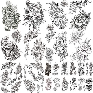 Zomme 22 Sheets Large 3D Flowers Temporary Tattoos Stickers for Women, Including 10 Sheets Large Black Rose Peony Flowers, Waterproof Fake Tattoos Body Art Arm Sketch Tattoo Stickers for Women, Girls Beauty