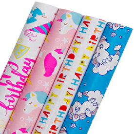 WRAPAHOLIC 誕生日包装紙ロール - ユニコーン レインボー ポニー ピンク ブルー カットライン付き - 4ロール - 1ロールあたり30インチ x 120インチ WRAPAHOLIC Birthday Wrapping Paper Roll - Unicorn Rainbow Pony Pink Blue with Cut Lines