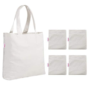 4ピースキャンバスバッグショッピングバッグ食料品バッグトートショルダーバッグ再利用可能なキャンバストートホワイトVSH1156 Dimayar 4  Pieces Canvas Bag Shopping Bag Grocery Bags Tote Shoulder Bag Resuable