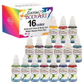 カスタムボディアートセット 16 色 1 オンスボトルの水ベースのフェイスボディエアブラシカラー Custom Body Art Set of 16 Colors 1-oz Bottles of Water Based Face-Body Airbrush Colors