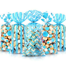 Blulu 105 PCS Baby Shower Cellophane Treat Bags, Gender Reveal Candy Bag Polka Dot Stripes Printed Plastic Goodie Favor Bags with 100 Silver Twist Ties for Christmas Birthday Party Decor(Blue)