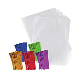 パープル Q Crafts 透明プラスチック セロファンバッグ 4インチ カラーツイストタイ付き ギフト パーティー記念品用 (4インチ x 6インチ、100個パック) Purple Q Crafts Clear Plastic Cellophane Bags with 4" Colored Twist Ties for Gifts P