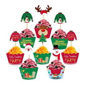 PRETYZOOM 24個 クリスマスカップケーキトッパーとラッパー 雪だるま サンタクロース トナカイ 醜いセーター デコレーション クリスマスケーキデコレーション クリスマスパーティー用品 記念品 PRETYZOOM 24PCS Christmas Cupcake Toppers and Wrappers Sn