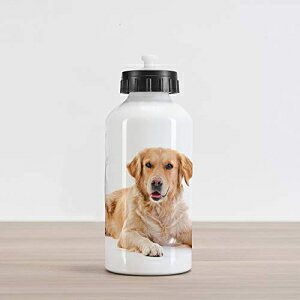 アンベソンヌゴールデンレトリバーアルミニウムウォーターボトル、白い背景の上に横たわる若い血統の子犬赤ちゃん犬、アルミニウム絶縁防滴旅行スポーツウォーターボトル、サンドブラ