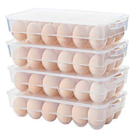 冷蔵庫用透明プラスチック卵ホルダー、蓋とハンドル付き積み重ね可能な卵保存トレイ、プラスチック卵ボックスキャリア4個パック、卵18個用のBPAフリー卵保存容器 Clear Plastic Egg Holder for Refrigerator, Stackable Egg Storage Trays With Lid & Handle
