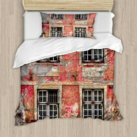Ambesonne Urban Duvet Cover Set, Medieval European Structure Nordic Old City Travel Landmark, Decorative 2 Piece Bedding Set with 1 Pillow Sham, Twin Size, Pink Pale Orange Burgundy