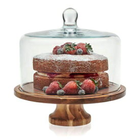 Libbey アカシアウッド 脚付きラウンドウッドサーバー ケーキスタンド ガラスドーム付き Libbey Acaciawood Footed Round Wood Server Cake Stand with Glass Dome