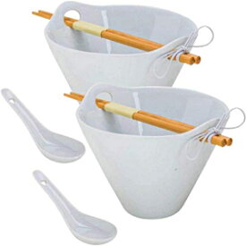 XL Tasse Verre 磁器ヌードルボウルセット 竹箸とセラミックスプーン付き ラーメン、スープ、サラダ、フォー、フルーツ用 (40オンスボウル) - ホワイト - 2パック XL Tasse Verre Porcelain Noodle Bowl Sets with Bamboo Chopsticks and Ceramic S